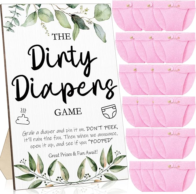 Roowest 51 Pcs Dirty Diaper Baby Shower Games Funny Wooden Sign with 50 Pcs Mini Diapers Cute Felt for Gender Reveal Party Baby Shower(Greenery Pink)