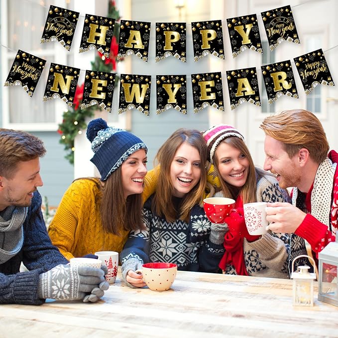 Happy New Years Eve Decorations 2026 - Black Gold Happy New Year Banner, New Years Sign Bunting Banner Garland for 2026 New Year Party Supplies, Home Office Fireplace Wall Decorations Favors Props