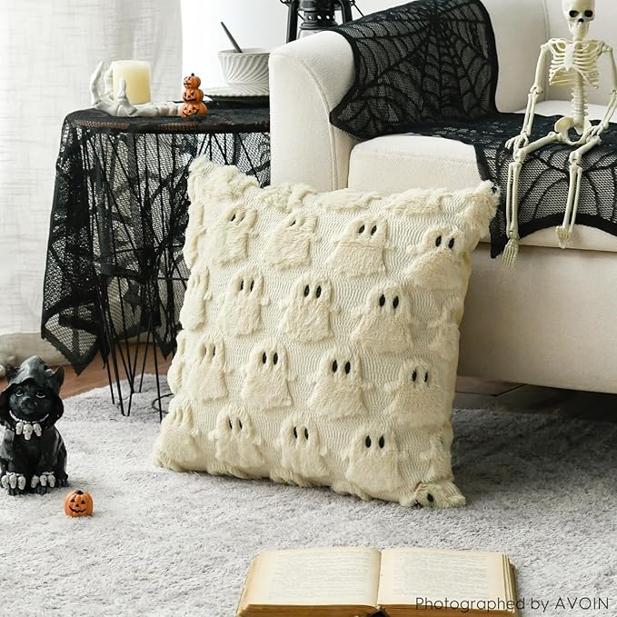 AVOIN colorlife Halloween Ghost Beige Throw Pillow Cover Set of 2, 18 x 18 Inch Soft Plush Faux Fur Jacquard Spooky Cushion Case Decoration for Sofa Couch