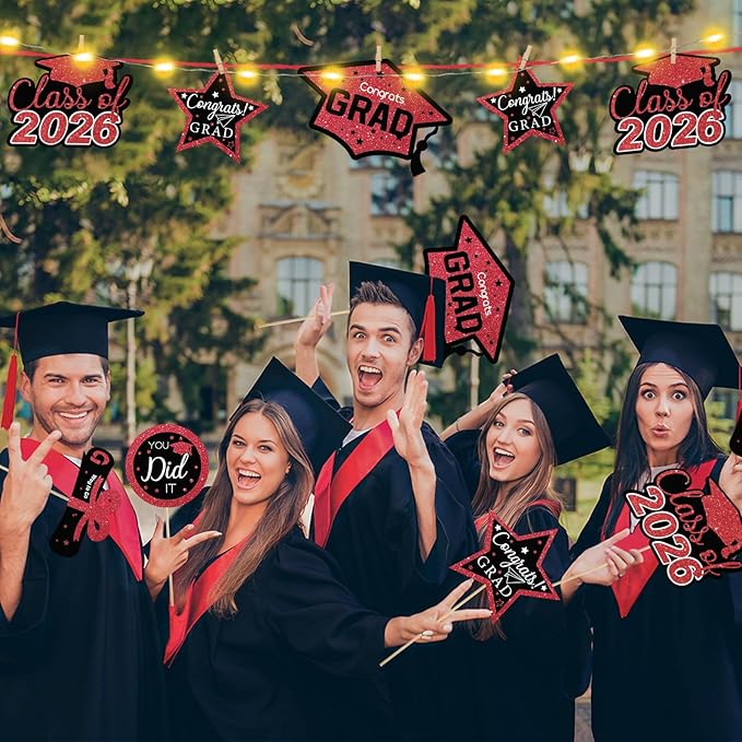 Graduation Decorations Class of 2026-30pcs Red and Black Graduation Table Centerpieces Sticks Table Toppers with Lights for College High School Congrats Grad Party Supplies