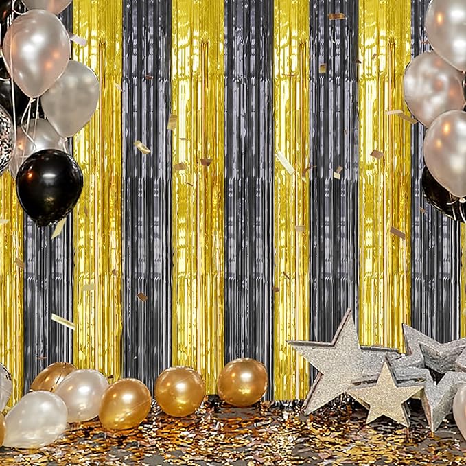2 Pack Foil Fringe Backdrop - Black&Gold Shiny Tinsel Curtains for Party Decoration/Photo Booth Props - 3.3x6.6 FT Metallic Foil Backdrop for Birthday, Wedding, Graduation, Christmas.