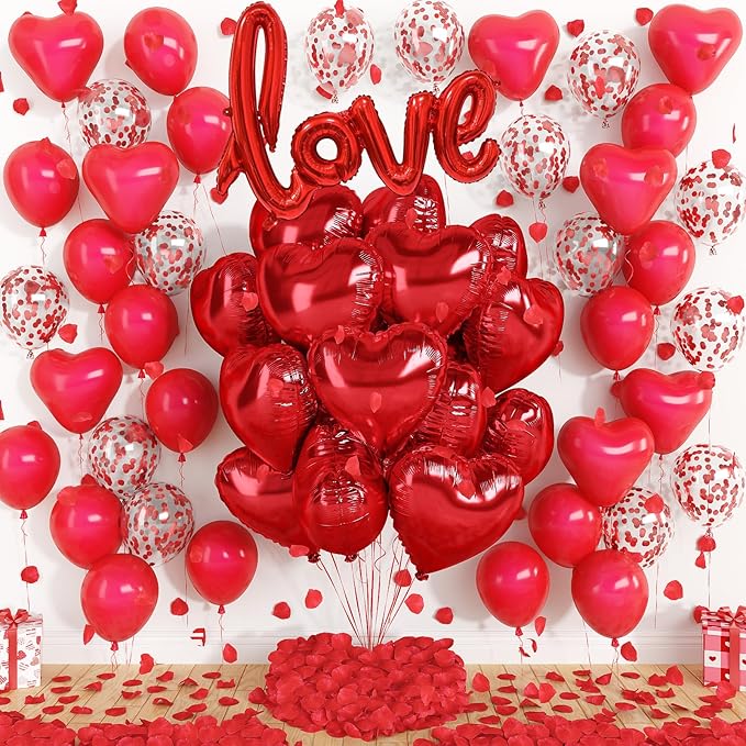 Red Heart Balloons Love Balloon Valentines Day Balloons Decorations Red Heart Shaped Confetti Latex Balloon with Rose Petals for Romantic Valentine Bridal Shower Wedding Special Night Party Decoration