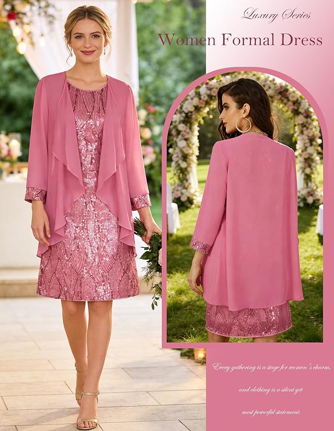 GRACE KARIN Women's Sequin Dress - Wedding Guest & Mother of The Bride Formal Dress - Two Piece Knee Length