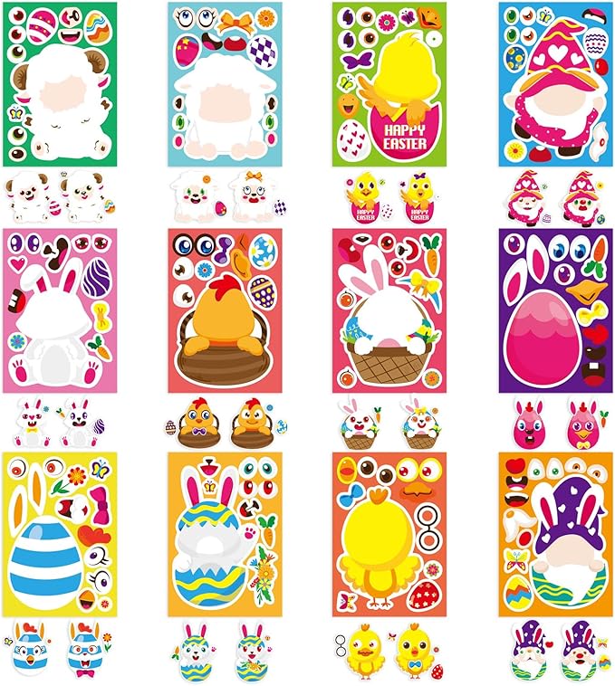 24 Sheets Easter Make-a-face Stickers for Kids, Make Your Own Easter Sticker for Boys Girls, Easter Eggs Bunny Chick Farm Animal Lamb Face Stickers for Family Schools Classroom Party Favor Supplies
