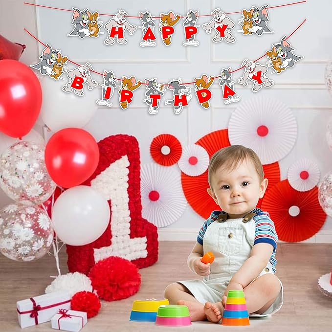 "Tom & Jery Happy Birthday Banner – Classic Cartoon Theme Party Decoration – Fun & Colorful Hanging Banner for Birthday Party Supplies – Cartoon Character Birthday Décor for Boys & Girls"
