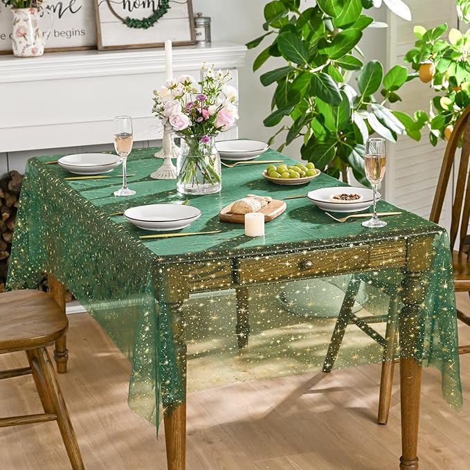Horaldaily Green Gold Sparkling Star Gauze Tablecloth 60x84 Inch Rectangular, Golden Star Sequin Glitter Metallic Foil, Sheer Tulle Cheesecloth for Wedding Baby Shower Party