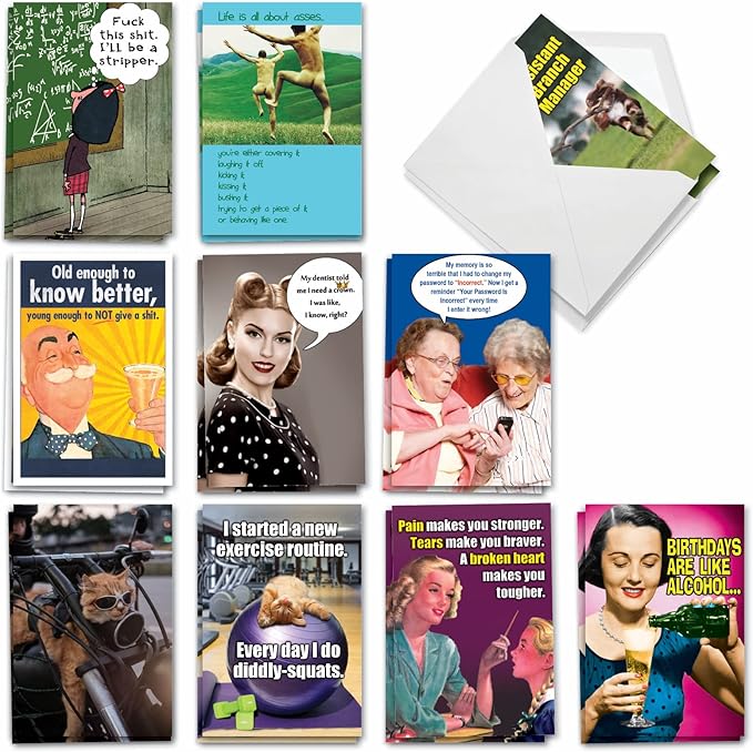 NobleWorks 20 Assorted Box Set Funny Birthday Notecards w/Envelopes for Men, Women (2x10 Designs) Naughty Humor A Very Funny Birthday AC5979BDG-B2x10