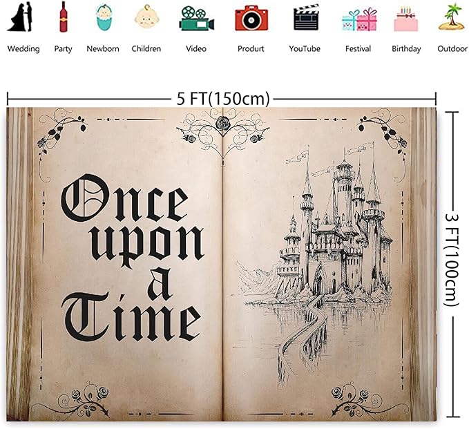 Fairy Tale Books Backdrop Once Upon a Time Backdrops Ancient Castle Princess Romantic Wedding Birthday Party Decorations Magic Book Background Banner Props 5x3FT