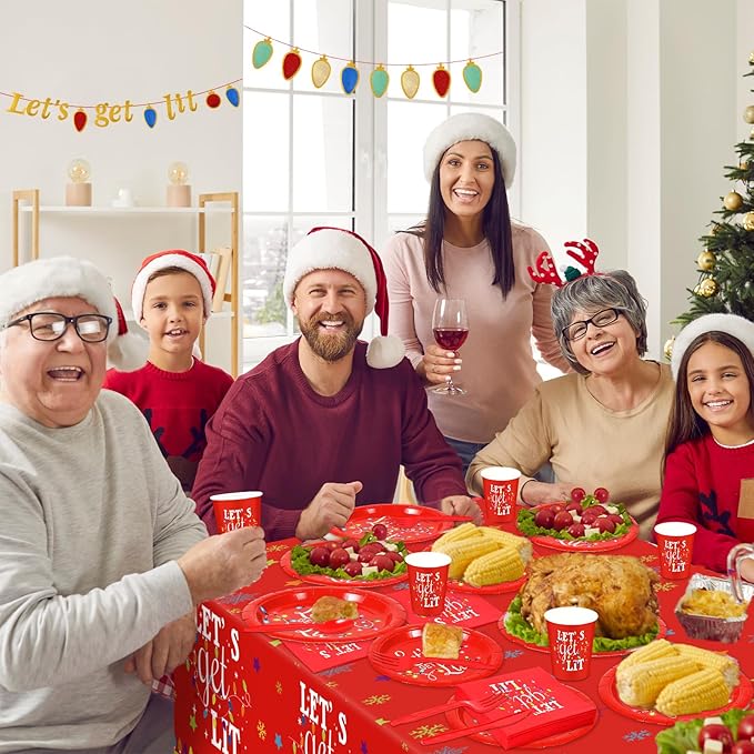 Baderke 195 Pcs Christmas Party Supplies Let's Get Lit Disposable Tableware Set Red Christmas Plates Tablecloth Banner Napkins Cups Forks Knife Spoon Friendsmas Xmas Holiday Decorations for 24 Guests