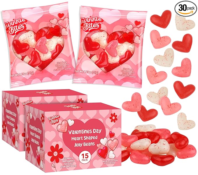 30 Pack Valentines Day Jelly Beans – Bulk Heart Shapead Candy – Strawberry, Tutti Frutti, Raspberry Delicious Flavors – Valentine Love Candie's Great Use, For Kids, Party Favor, Classrooms Partys, Goodie Bags