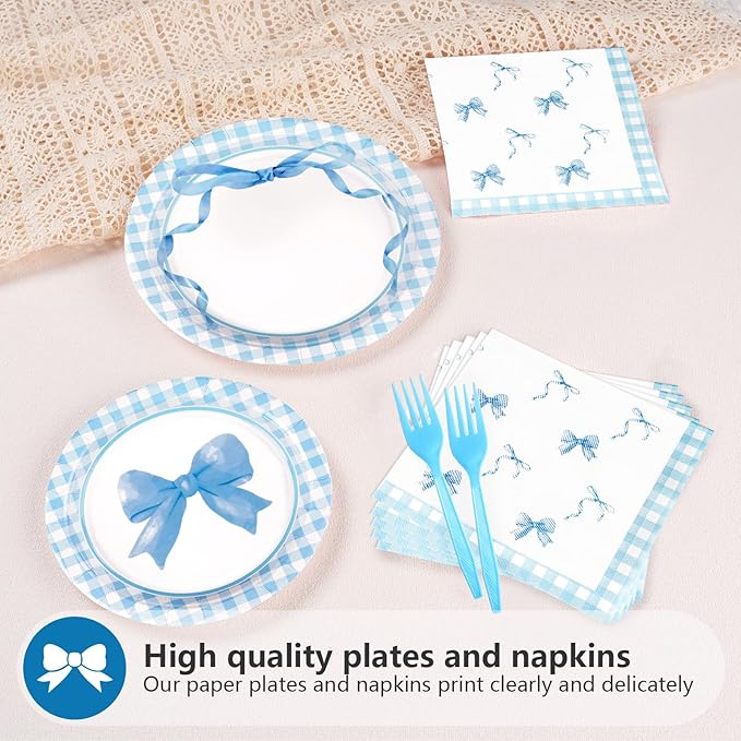 96Pcs Blue Bow Birthday Decorations Blue and White Gingham Plaid Plates and Napkins Sets Coquette Party Decorations for Girls Boys Baby Shower Summer Picnic BBQ Barbecue Party Supplies Serve 24