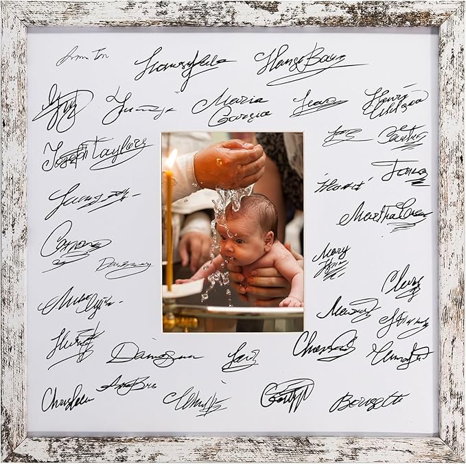 GraduatePro 14x14 Signature Picture Frame Board for 5x7 Photo with Signable Mat for Birthday Baptism Party Graduation Wedding Guest Book Rustic White