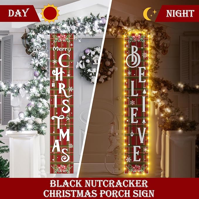 Mixweer 2 Pcs Lighted Christmas Hanging Banner Porch Sign Outdoor Decorations Merry Christmas Believe Yard Sign Red Green Buffalo Plaid Snowflake Porch Banner Xmas Holiday Door Garden Signs