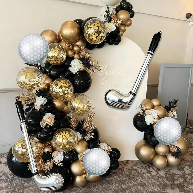 Hole in One Balloon Garland Arch Kit - 146 Pcs Black, Gold & Confetti Balloons with Golf Cart & Ball Foil Balloons for Golf Themed Retirement, Birthday, Country Club, New Year Events