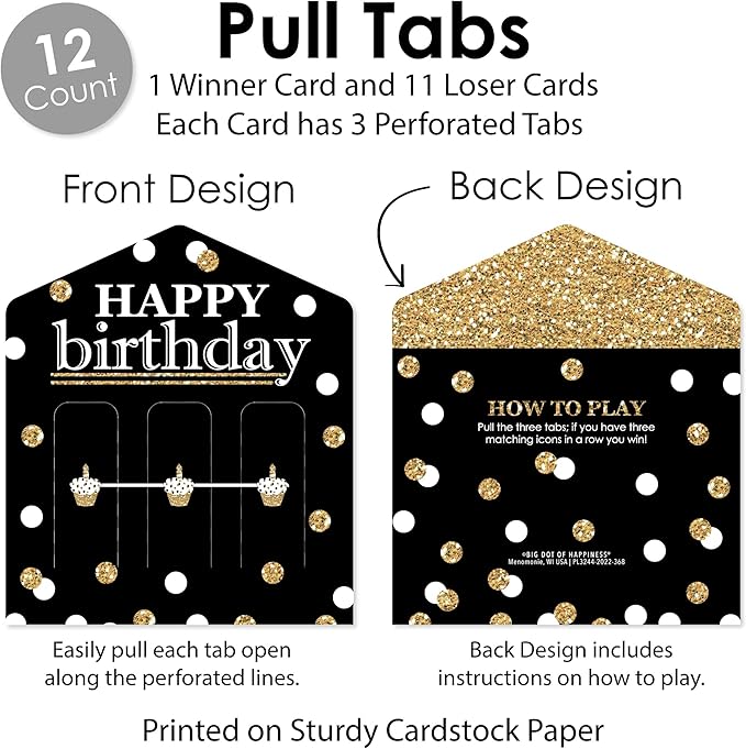 Big Dot of Happiness Adult Happy Birthday - Gold - Birthday Party Game Pickle Cards - Pull Tabs 3-in-a-Row - Set of 12