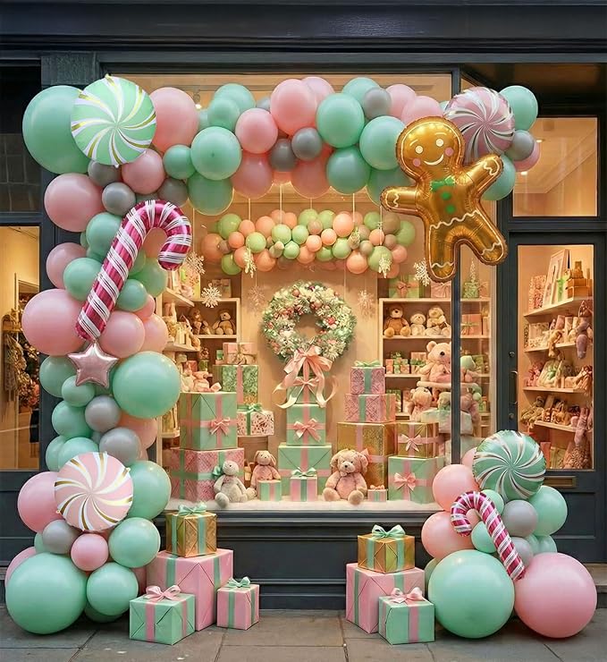Christmas Balloon Garland Arch kit green pink balloon with Gingerbread Balloon Cane Candy Foil Balloons for Christmas Party Decorations Xmas New Year Birthday Party Supplies globos de navidad