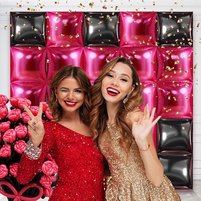 50PCS Hot Pink and Black Square Foil Balloon Wall, 19'' Reusable DIY Mylar Double Side Balloons Garland Tunnel Arch Kit for Anniversary Baby Shower Bachelorette Birthday Engagement Bridal Decor
