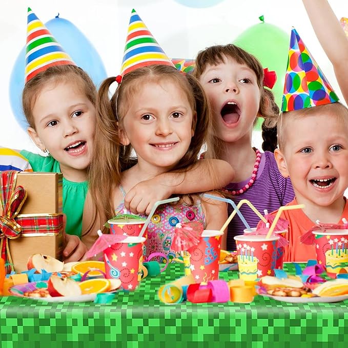 Pixel Miner Tablecloth 4 Packs, Green Plastic Table Cover Disposable Birthday Party Decoration, 54" x 108" Waterproof Tablecloths for Pixel Mining Gaming Themed Birthday Party Decoration Supplies