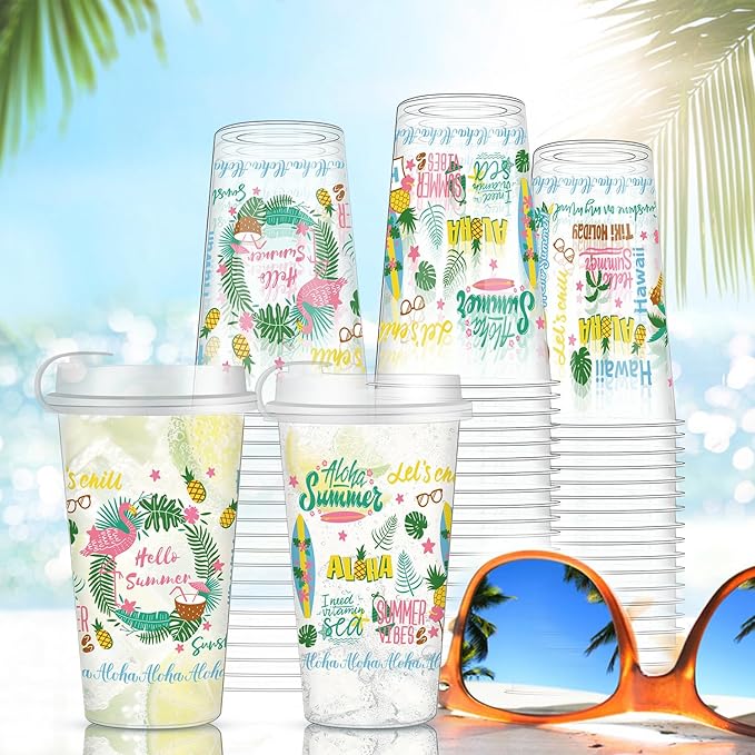 50 Pcs Hawaiian Luau Party Cups 16 oz Summer Disposable Plastic Cups with Lids, Tropical Floral Hibiscus Palm Tree Flamingo Tiki Drinking Cups for Hawaii Beach Pool Birthday Party Drinkware Supplies