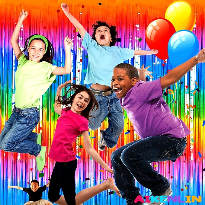 4 Pack 3.3Ft x 6.6Ft Rainbow Foil Fringe Curtain Backdrop, Colorful Metallic Tinsel Foil Fringe Streamers Curtains Background for Photo Booth, Birthday, Wedding, Halloween, Christmas Party Decoration