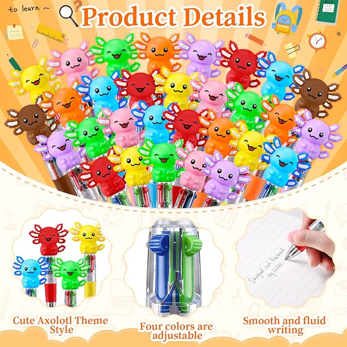 CZWZ 30Pcs Mini Multicolor Pens in One 4-in-1 Cute Pens Bulk, Ballpoint Pen for Birthdays and Parties, Fun Gifts Assorted Ink Kawaii Pen(Axolotl)