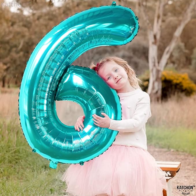 KatchOn, Giant Teal Blue Number 6 Balloon - 40 Inch | 6th Birthday Balloon for 6th Birthday Decorations | 6 Balloons for Birthday | Number Balloons for Anniversary Decorations