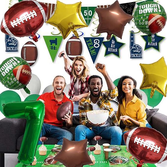 Football Balloons Foil Football Birthday Decorations Balloons Green Number 7 Balloon Gold Brown Star Touchdown Ballons for Rugby Birthday Decorations Sports Ballons Arch Kits Party Balloon Sets 9pcs