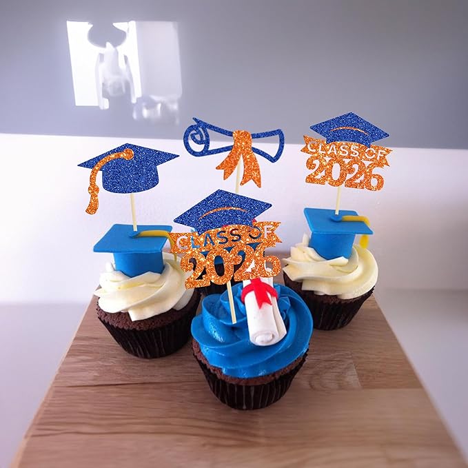 Gyufise 24Pcs Class of 2026 Graduation Cupcake Toppers Glitter Diploma 2026 Graduation Cap Cupcake Picks for 2026 Theme Party Cake Decorations Supplies Orange Blue