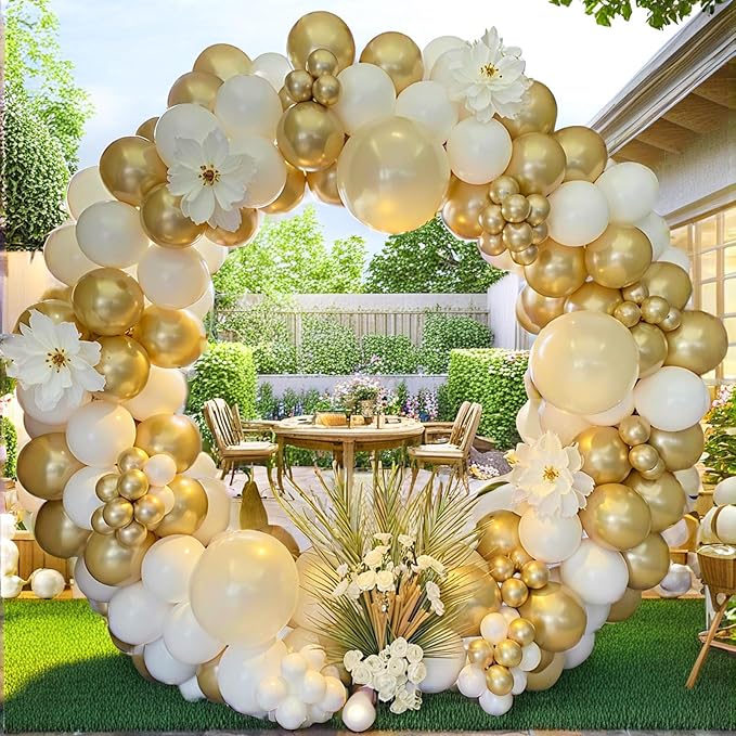 PartyWoo White and Gold Balloon Arch Kit Garland 152pcs Different Sizes of 18 12 10 5 Inch Off White Sand Metallic Gold Boho Balloons for Baby Shower Graduation Wedding Birthday Party Decorations