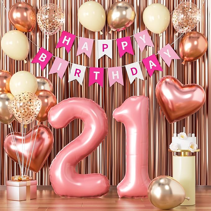 21st Birthday Decorations for Women, Rose Gold and Pink Party Supplies Set with Finally 21 Banner, Number 21 Balloon and Foil Fringe Curtains
