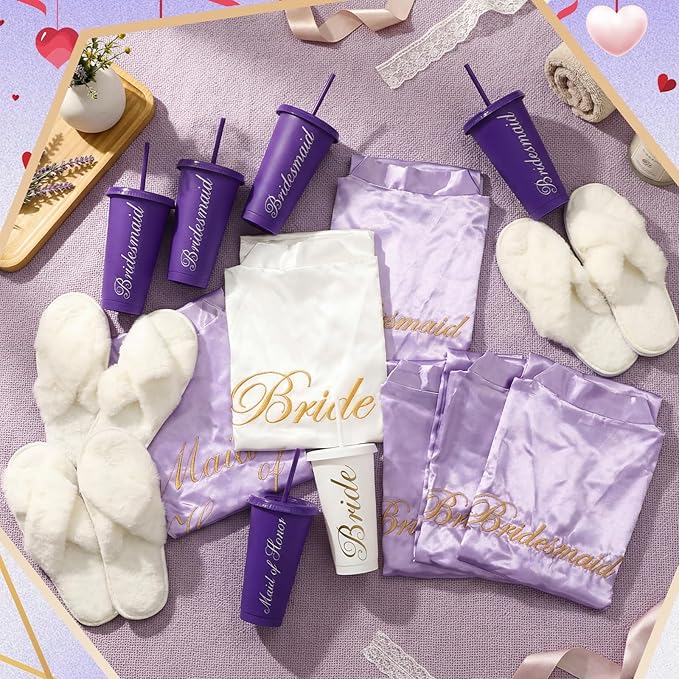 Bonuci 24 Pcs Bridesmaid Bride Robes Set of 8 Bridal Satin Robes Fluffy Slippers Drinking Cups for Wedding Bachelorette Party