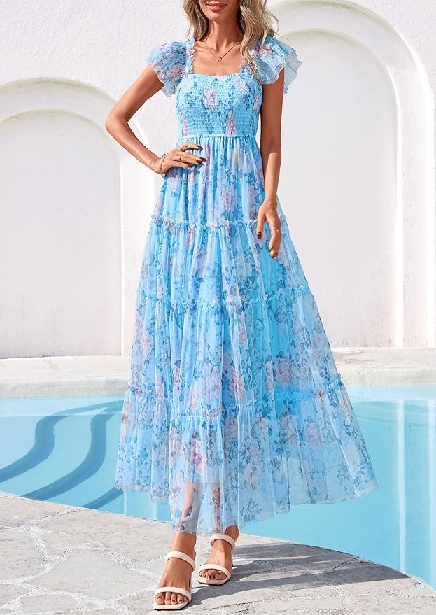 PRETTYGARDEN Women's Summer Tulle Midi Dress Sleeveless Smocked Ruffle Flowy Mesh Dresses Party Wedding Guest Sundress