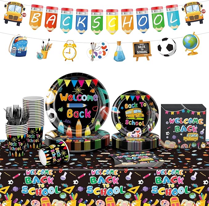 122 PCS Back to School Party Supplies, Disposable Tableware Set Include Back to School Plates and Napkins, Cups, Forks, Banner and Tablecloth for First Day of School Party Decorations , Serve 24