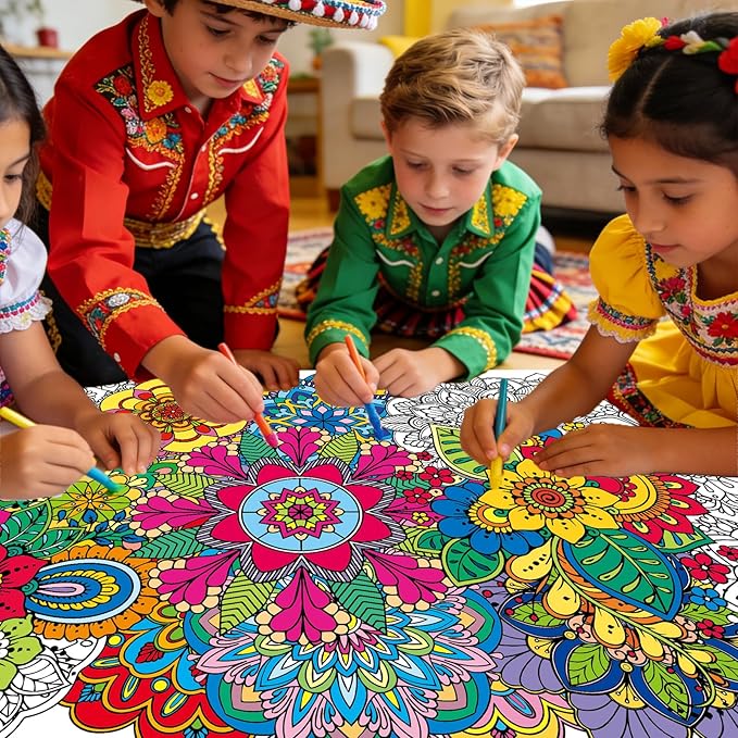 Giant Mandala Coloring Posters 23.6*55.1 Inch Large Spring Mandala Flower Coloring Page Giant Mandala Coloring Tablecloth DIY Art Crafts Mat for Kids Birthday Themed Activity Wall Home Classroom Suppiles