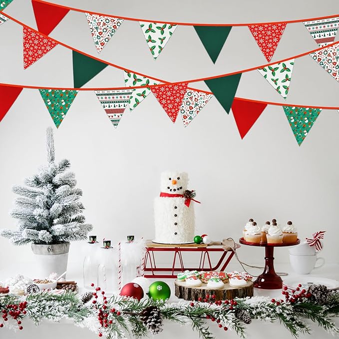 GCQQ Christmas Pennant Banner - 40FT Red Green Cotton Merry Christmas Party Banners Vintage 42pcs Fabric Holly Garlands Bunting Indoor for Xmas Home Outside Decorations