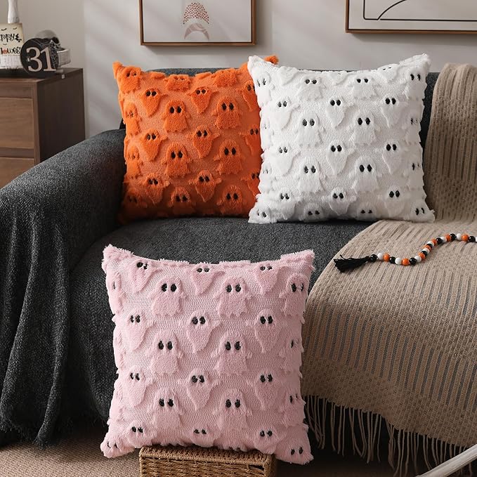 DFXSZ Halloween Pillow Covers 20x20 inch Set of 2 White Ghost Throw Pillow Cases Soft Plush Faux Fur Wool Couch Cushion Case for Chair Sofa Bedroom Living Room Home Decor PTK03A20