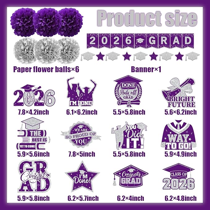 Purple Graduation Decorations 2026, 2026 Grad Banner and Congrats Grad Hanging Swirls, Purple and Silver Graduation Banner Graduations Hanging Swirls College Graduations Decorations Class of 2026