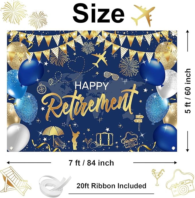 Mocsicka Retirement Party Decorations Blue and Gold Happy Retirement Backdrop Banner Retired Party Decorations Photo Booth Props (Blue Gold, 7x5ft)