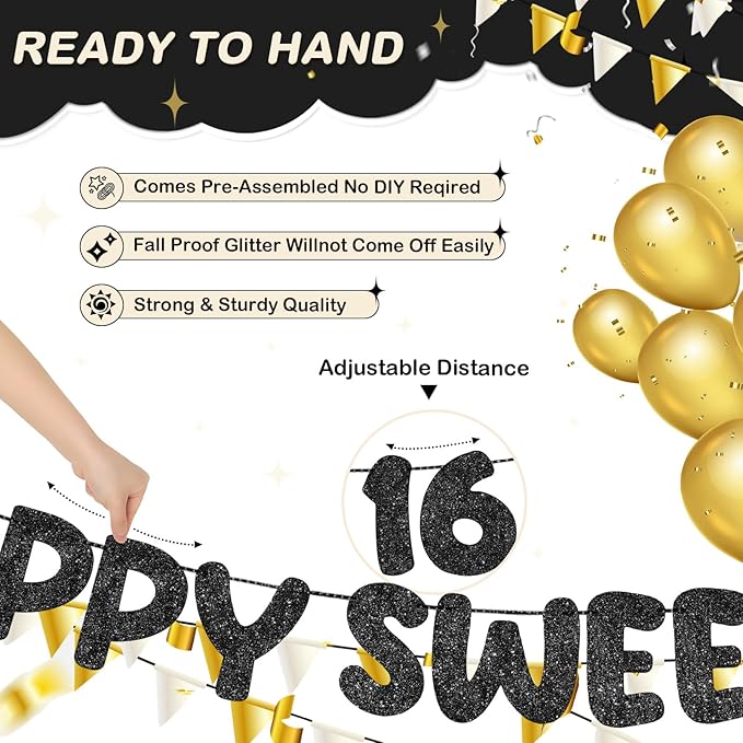 Fulmoon Pre Strung Happy Sweet 16 Banner Glitter Sixteenth Birthday Party Decorations 16th Party Sign Sweet 16 Party Decorations for Birthday Party Bachelorette Party(Black)