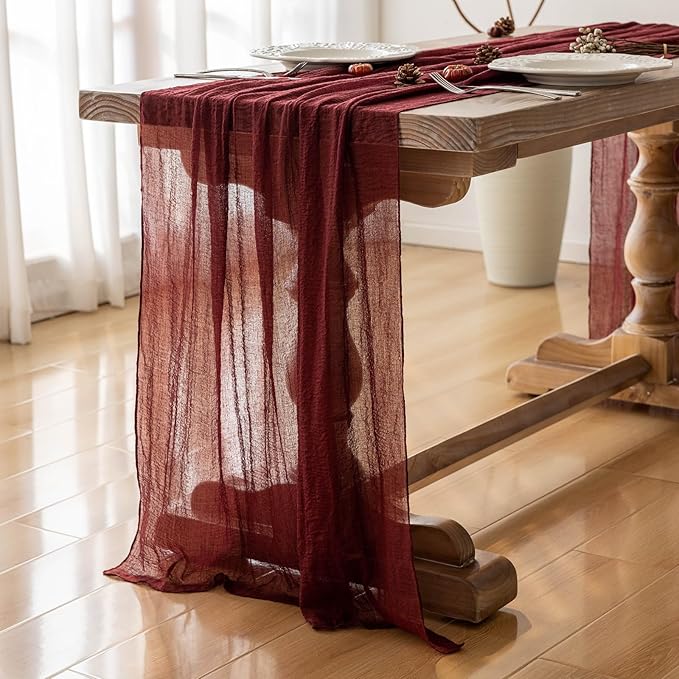 Keketoarrange Burgundy Table Runner Red Table Runner Cheesecloth Gauze 120 Inch 10 FT Rustic Boho Cheese Cloth Runner for Wedding Baby Bridal Shower Party Long Sheer Spring Home Decorations