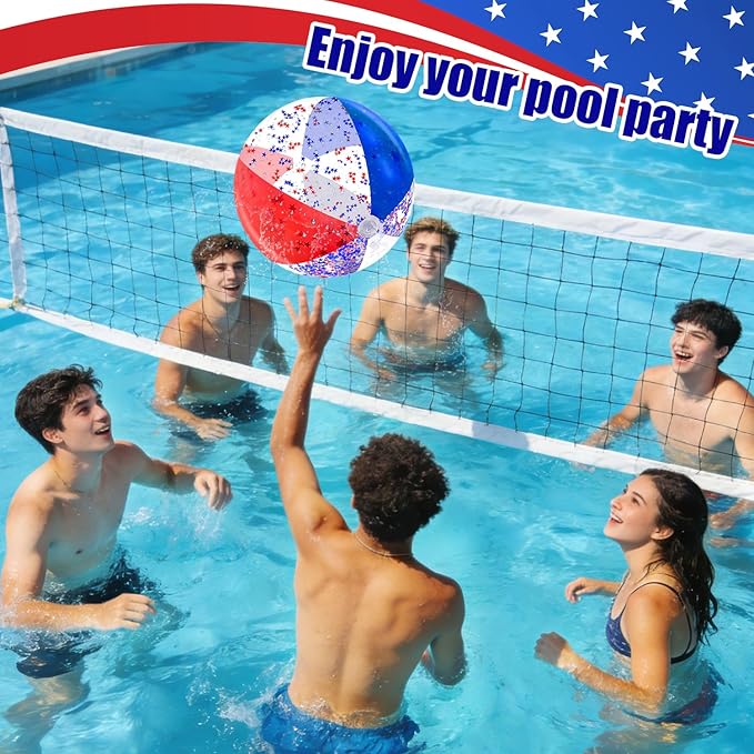 12 Pack 16" Inflatable Patriotic Beach Balls,4th of July Red White and Blue Stars Glitters Beach Ball Bulk,250th Anniversary Pool Toys for Kids & Adults Summer Swimming Pool Beach Party Game Water Toy