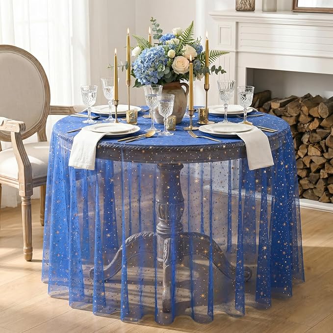 Horaldaily Royal Blue Gold Sparkling Star Gauze Tablecloth 60x60 Inch Round, Golden Star Sequin Glitter Metallic Foil, Sheer Tulle Cheesecloth for Wedding Baby Shower Party
