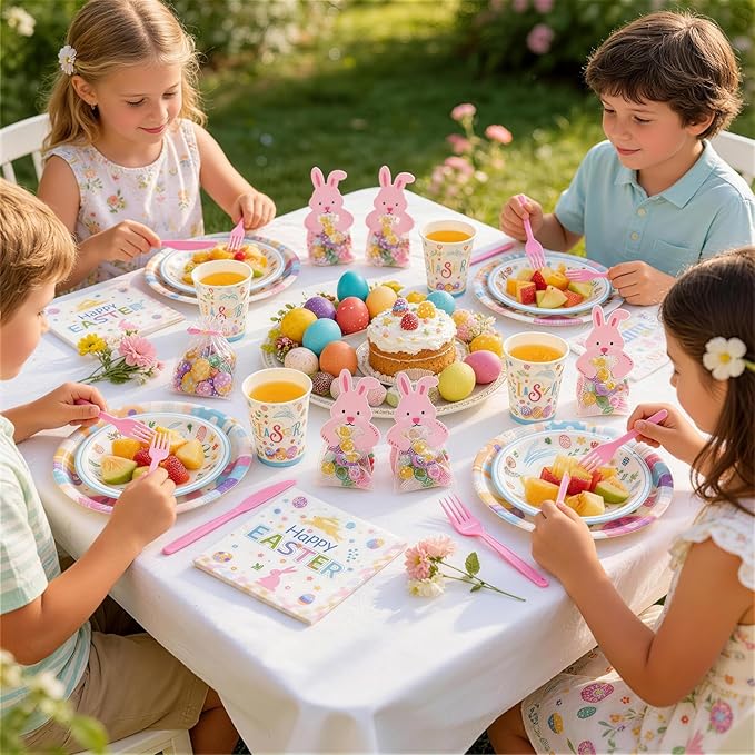 Mostop 80 Pcs Easter Tableware Set Party Supplies for 10 Guests Disposable Paper Plates, Cups, Napkins Forks Set Decorations for Easter Party Spring Holiday Picnics