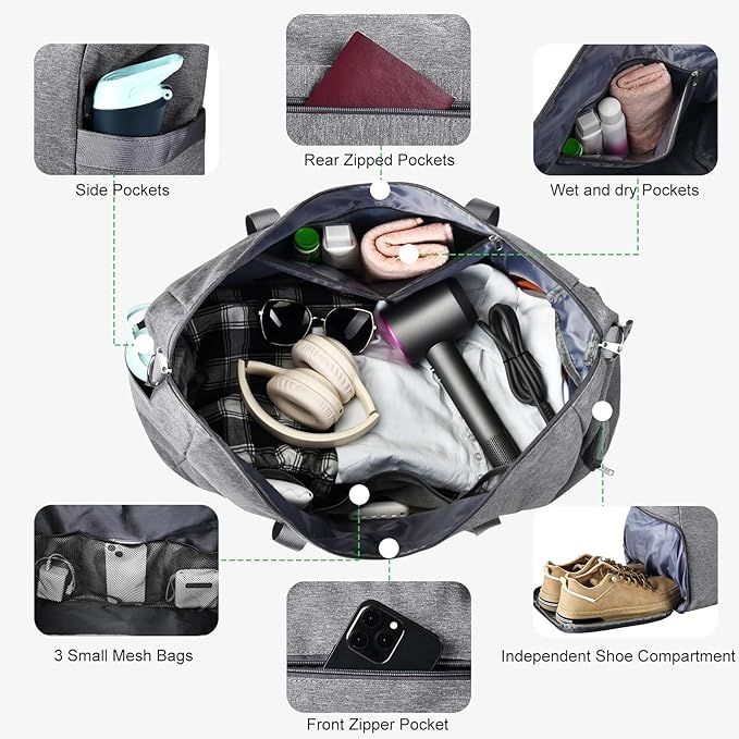 For Spirit Airlines Personal Item Bag 18x14x8, Foldable Small Travel Duffel Bags Gym Duffle Weekender Overnight Carry on Luggage Bag with Wet Pocket & Shoe Compartment for Women Men(Grey, 30L)