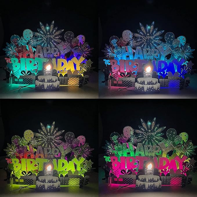 INPHER Musical Birthday Card 3D Pop Up with Light Blow Out LED Candle and Plays Happy Birthday Music Surprise Greeting Cards Gifts for Women Navy Silver