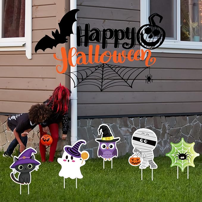 8 Pieces Cute Halloween Yard Stakes Large Halloween Garden Stake Pumpkin Ghost Witch Cat Yard Signs Halloween Lawn Decorations for Halloween Party Patio Outdoor