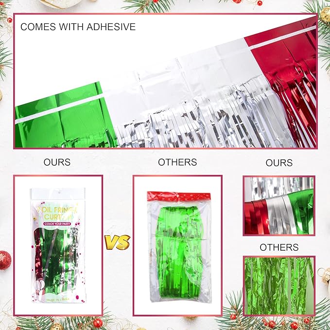 LOLStar 3 Pack Christmas Party Decorations 3.3 x 6.6ft Foil Fringe Curtains Red Silver Green Tinsel Metallic Photobooth Props Backdrop Streamers for Christmas in July, New Year, Ugly Sweater Party