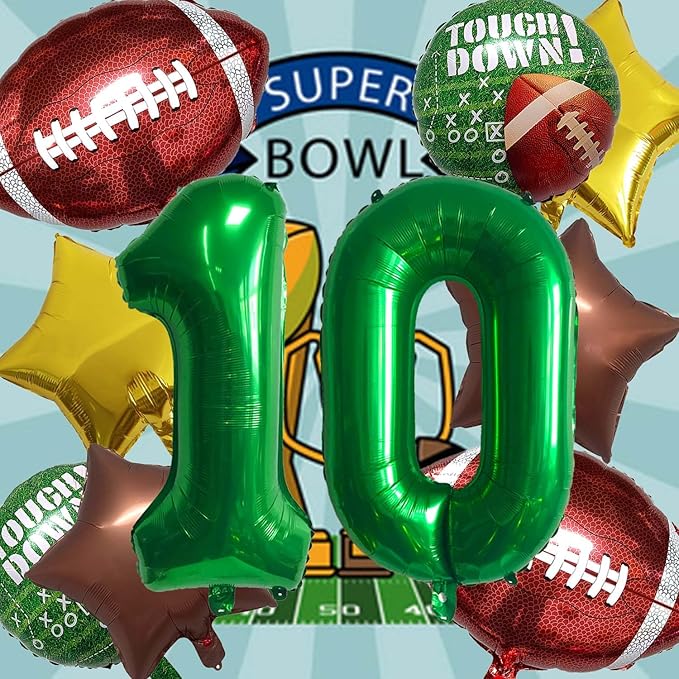 Football Balloons Foil Football Birthday Decorations Balloons Green Number 10 Balloon Gold Brown Star Touchdown Ballons for Rugby Birthday Decorations Sports Ballons Arch Kits Party Balloon Sets 10pcs