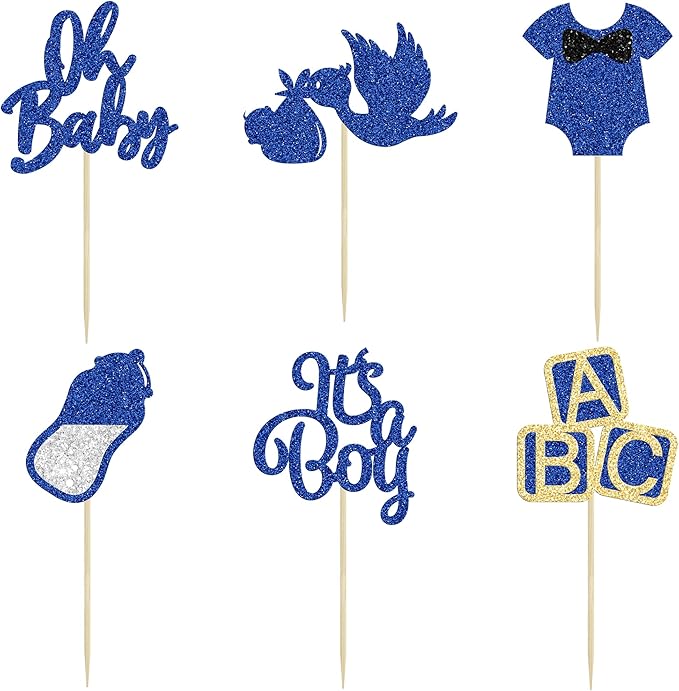 24Pcs Baby Shower Oh Baby Cupcake Toppers with Bow Onesie Bottle Boy Deep Blue Glitter Cake Picks Decorations for Baby Shower Gender Reveal It's a Boy Birthday Party Supplies