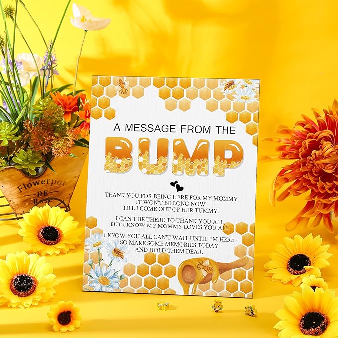 Roowest Cool Baby Shower Tabletop Decoration a Message from the Bump Wooden Baby Shower Games Sign Greenery Cute Gender Reveal Party Thank You Sign, 11.2 x 8.66 Inches(Bee)